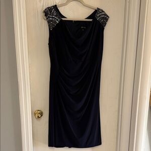 Xscape Midnight Blue Midi Dress with Beaded Shoulders